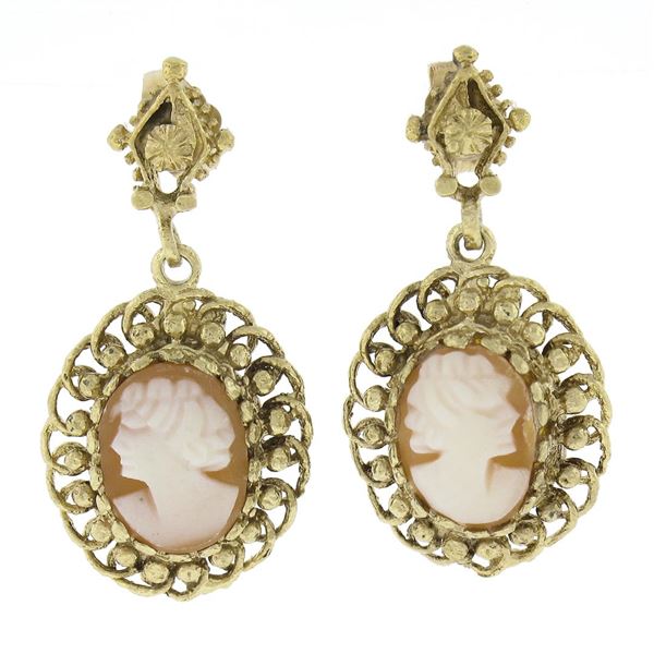 Vintage 14k Gold Fine Carved Shell Cameo W/ Twisted Wire Frame Dangle Earrings