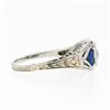 Image 5 : Antique Art Deco 18k White Gold .22 ctw Round Diamond Shield Sapphire 3 Stone Ri