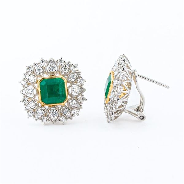 3.97 ctw Emerald and 1.17 ctw Diamond Platinum and 18K Yellow Gold Earrings