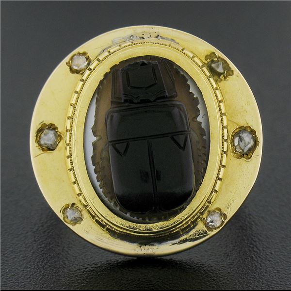 18k Yellow Gold Bezel Set Carved Hard Stone Scarab w/ Rose Cut Diamonds Ring