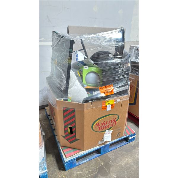 PALLET FILLED WITH - FOLDING CHAIRS, CANVAS PRINT, SOLAR PANEL COLOR CHANGING ORB, DOOR LOCK,