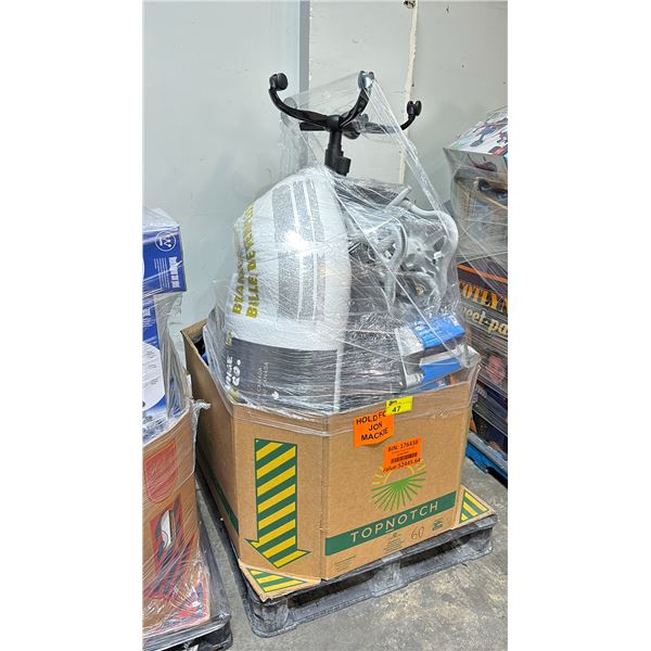 PALLET FILLED WITH - HOSE REEL, SPRINKLER, ARMOUR ALL CLEANERS, OFFICE CHAIR, BEAN BAG FILLER,