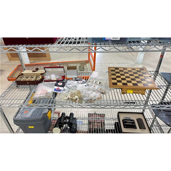 ASSORTED PINS, CRESTS, FLIP TOP LIGHTERS & CHESS BOARD *CHESS BOARD MISSING PIECES*