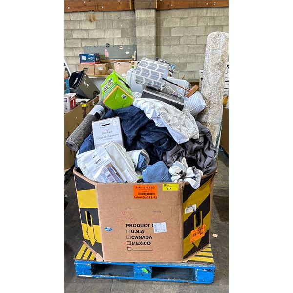 PALLET FILLED WITH - ASSORTED BLANKETS, SHEETS, RUGS, CLOSET ORGANIZER, LAMP, WASTE RECEPTACLE,
