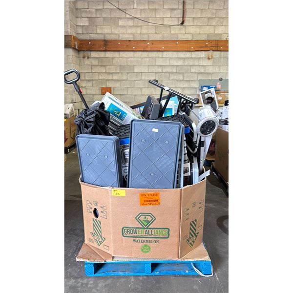 PALLET FILLED WITH - CLEVERMADE STORAGE UNITS, BOOT MATTS, GARMENT RACK, COLLAPSIBLE WAGON, SHOWER