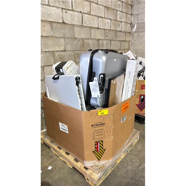 PALLET FILLED WITH - LUGGAGE, SMALL FOLDING TABLE, ASSORTED SHEET SETS, 60" ALL METAL CLOSET, OVER