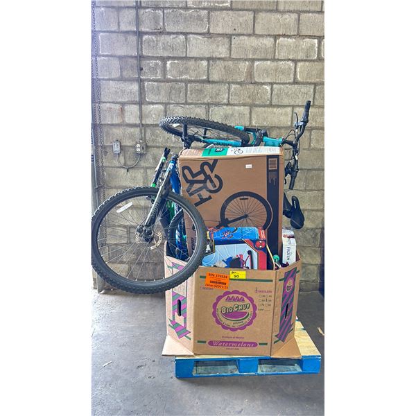 PALLET FILLED WITH - BIKES, SPIDERMAN TR SNOW BIKE, FROZEN PLAYCENTER, SKATEBOARD, KIDS SCOOTER,