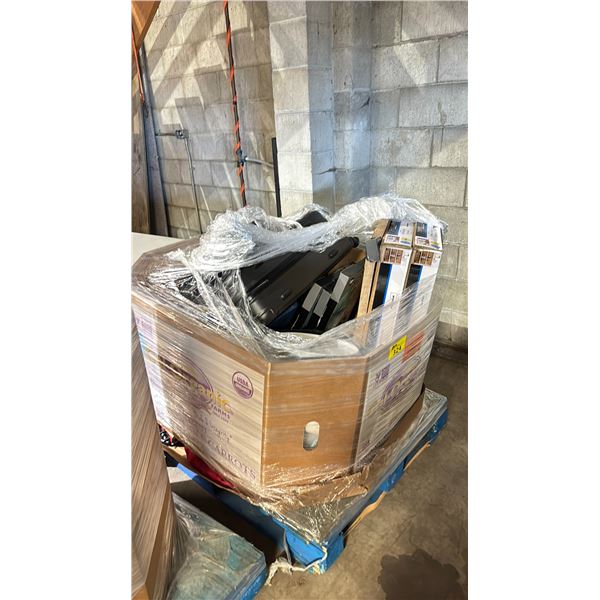 PALLET FILLED WITH - LUGGAGE, BOOKSHELVES, PICTURE FRAMES, WALL CLOCK, DINNERWARE SET, COOKWARE &