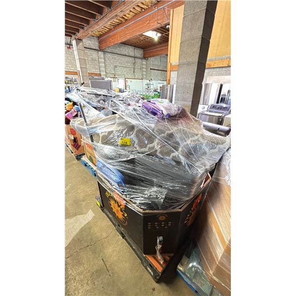 PALLET FILLED WITH - STORAGE TOTES, RUG, BACKPACK, EGG MAKER, WALL CLOCK, GARMENT RACK, LUGGAGE,