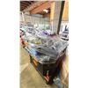Image 1 : PALLET FILLED WITH - STORAGE TOTES, RUG, BACKPACK, EGG MAKER, WALL CLOCK, GARMENT RACK, LUGGAGE,