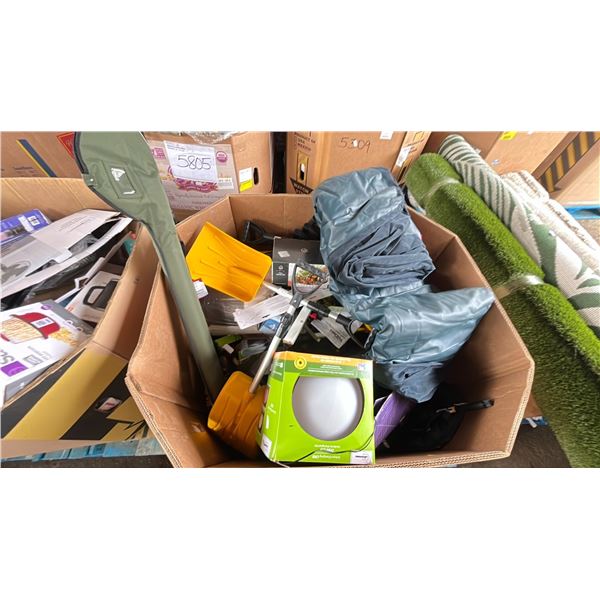 PALLET FILLED WITH - AIR MATTRESS, COLOR CHANGING ORBS, SHOVELS, FAIRY GARDEN KIT, BIRD BATH, BEAN