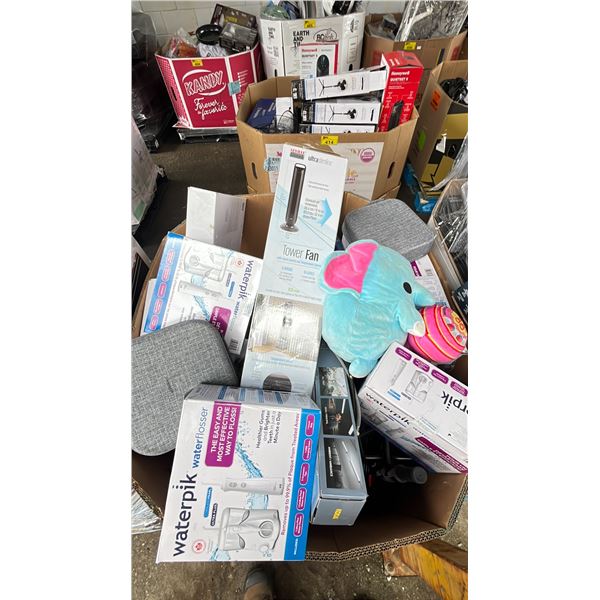PALLET FILLED WITH - WATERPIK FLOSSERS, MASSAGERS, LED SHOP LIGHTS, TOWER FAN, PLUSHIES, BIDET &