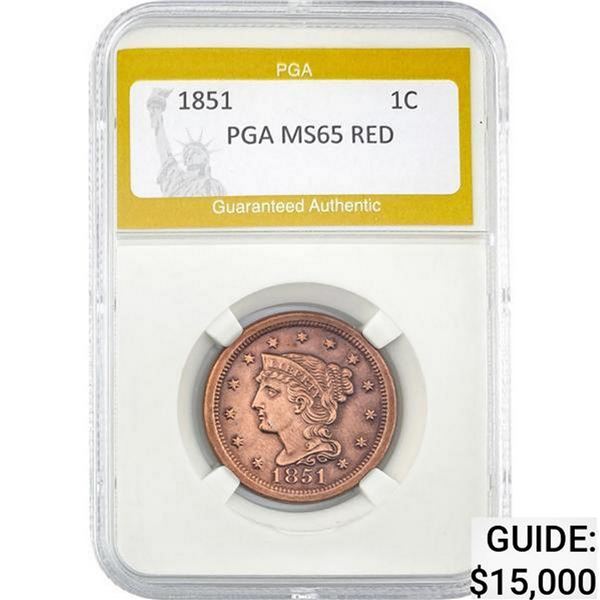 1851 Braided Hair Large Cent PGA MS65 RE MS65
