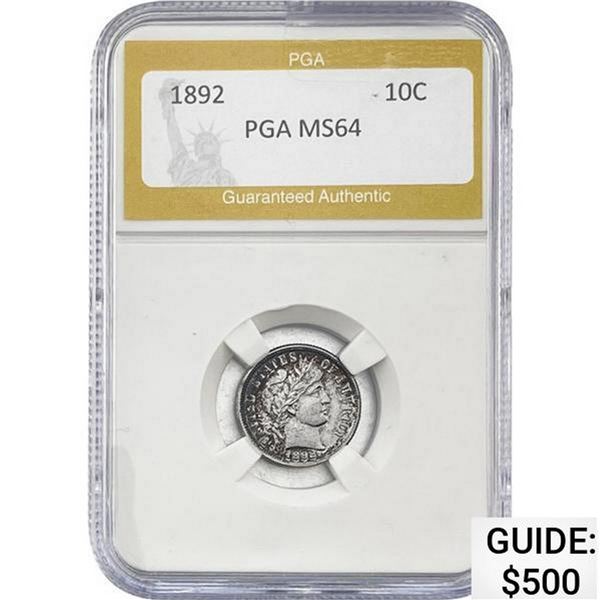 1892 Barber Dime PGA MS64