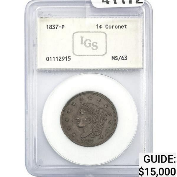 1837 Coronet Head Cent IGS MS63
