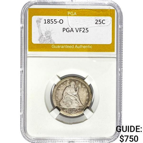 1855-O Seated Liberty Quarter PGA VF25