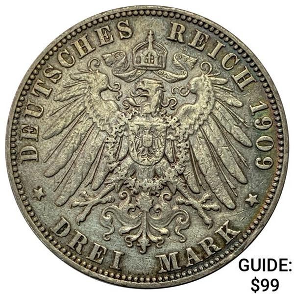 1909-E Sachsen Silver 3 Mark CLOSELY UNCIRCULATED
