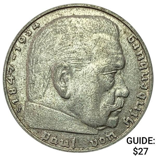 1937-J Germany Silver 2 Reichsmark CLOSELY UNCIRCULATED