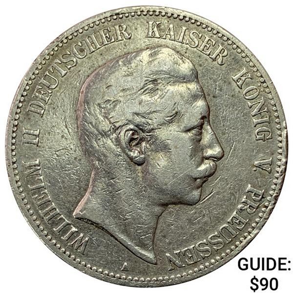 1898-A Prussia Silver 5 Mark CLOSELY UNCIRCULATED
