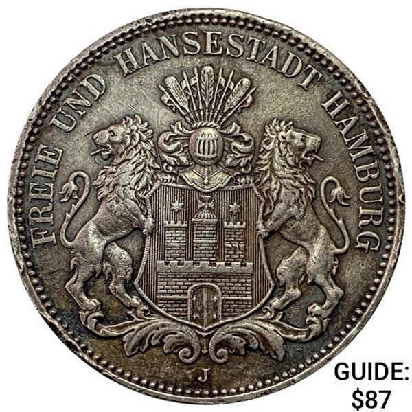 1908-J Hamburg Silver 3 Marks NEARLY UNCIRCULATED
