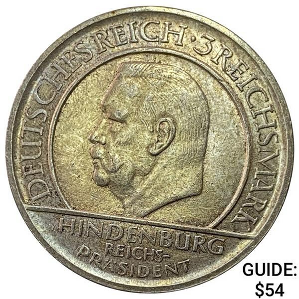 1929-F Germany Silver 3 Reichsmark CHOICE AU