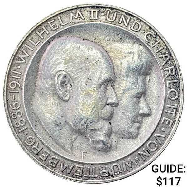 1911-F German States Silver 3 Mark NEARLY UNCIRCULATED