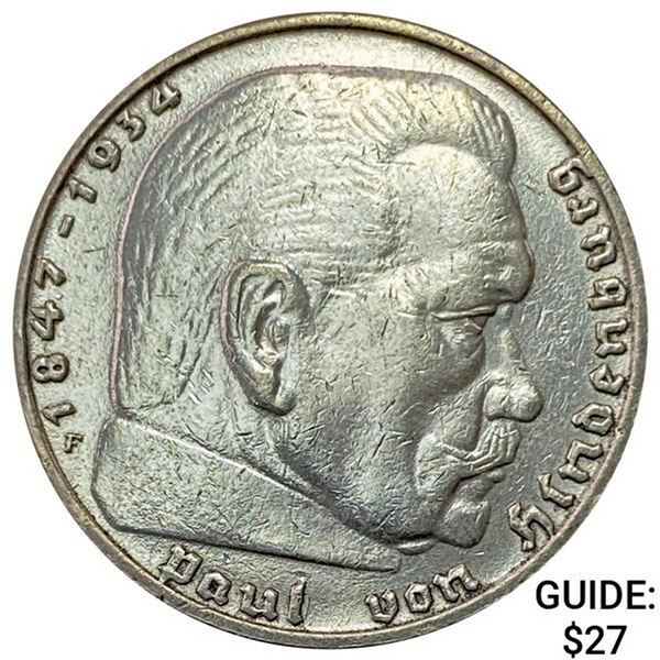 1937-F Germany Silver 2 Reichsmark CLOSELY UNCIRCULATED