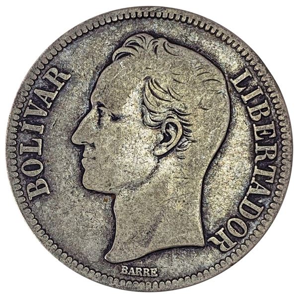 1929 Venezuela Silver 5 Bolivares NEARLY UNCIRCULATED