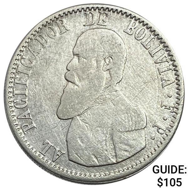1865 Bolivia Silver Melgarejo NEARLY UNCIRCULATED