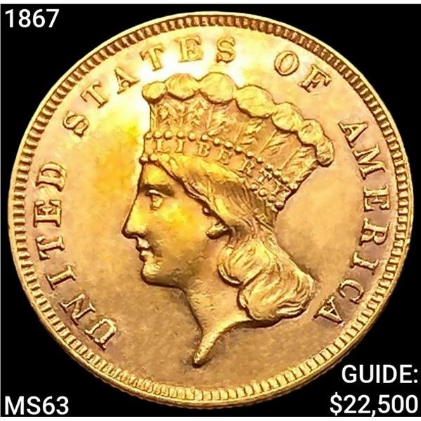 1867 $3 Gold Piece CHOICE BU