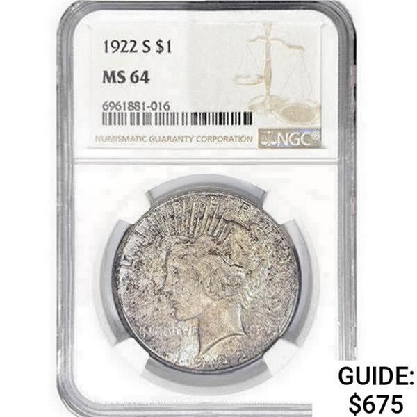 1922-S Silver Peace Dollar NCG MS64