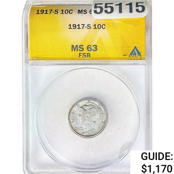 1917-S Mercury Silver Dime ANACS MS63 FSB