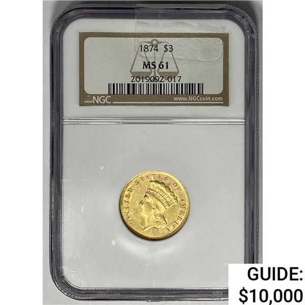 1874 $3 Gold Piece NGC MS61
