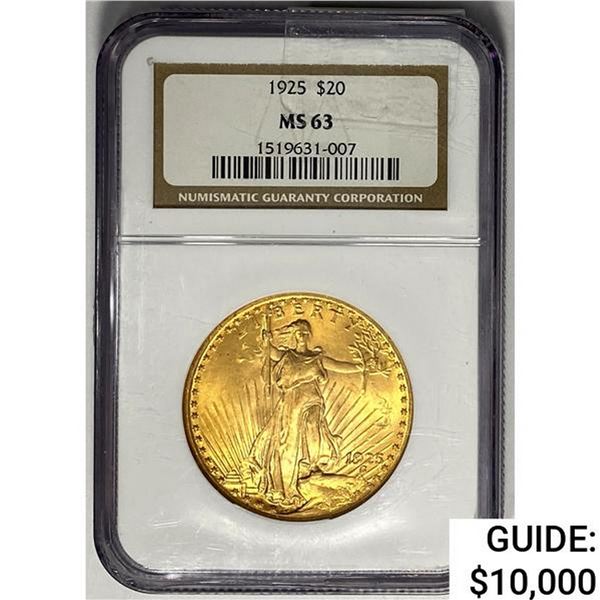 1925 $20 Gold Double Eagle NGC MS63