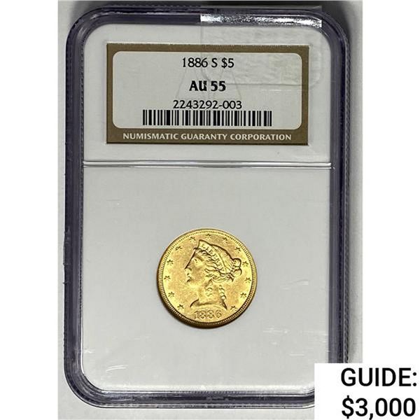 1886 $5 Gold Half Eagle NGC AU55