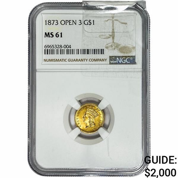 1873 OPEN 3 Rare Gold Dollar NGC MS61