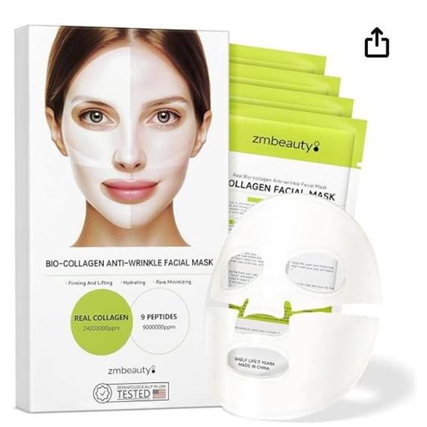 Zmbeauty Bio-Collagen Anti-Wrinkle Mask with 9 Peptides, 4-Pack