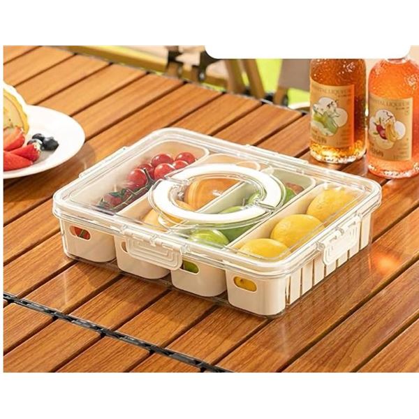 Divided Fruit Veggie Serving Tray with Lid and Handle,Air-Tight Food Containers,Snack 4 Compartment 