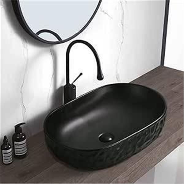bathivy Matte Black Oval Bathroom Vessel Sink, 23.6” x 15.7” Above Counter Wash Bo