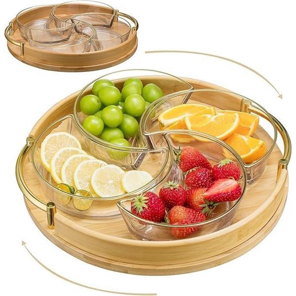 Juosta 360 Rotating Serving Tray, 13.7& #34; Bamboo Rotatable Serving Platters and Trays Lazy Susan 