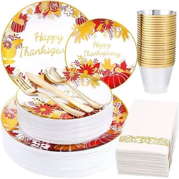 210 PCS Thanksgiving Plates Set with Red and Gold Accents
