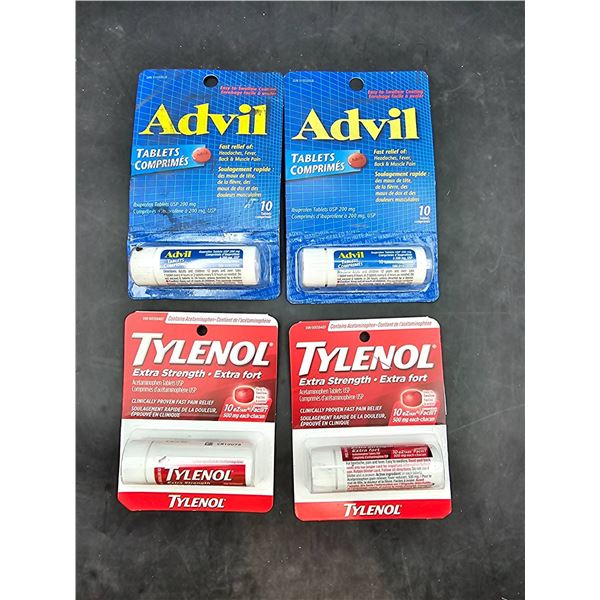 4 Travel size Pain Relief Products: Advil Tablets and Tylenol Extra Strength