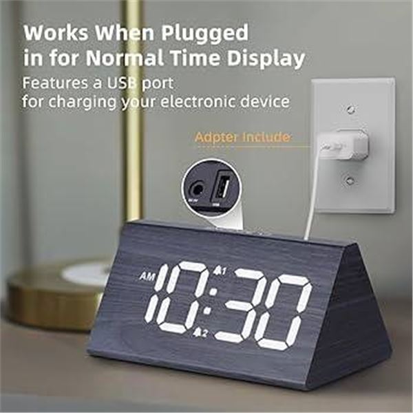 Kogonee Wooden Digital Alarm Clock with Power Adapter and USB Port gray