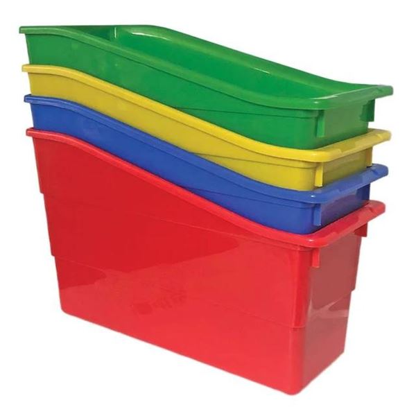 Four Stackable Plastic Storage Bins in Red, Yellow, Blue, and Green