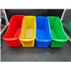 Image 4 : Four Stackable Plastic Storage Bins in Red, Yellow, Blue, and Green