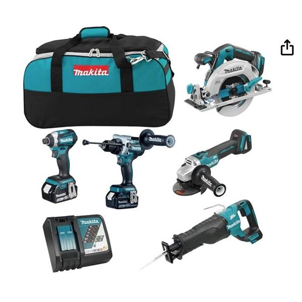 Makita DLX5077TX1 18V LXT BL Cordless 5-Pc Combo Kit w/Impact & Hammer Drill/Driver, Angle Grinder, 