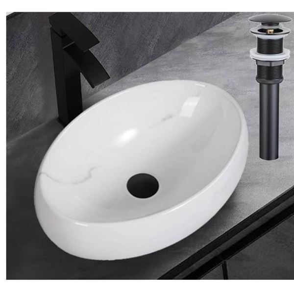 Monyhomy 19_X14_ Oval Marble Veins Bathroom Vessel Sink with Pop-Up Drain Bathroom Sinks Above Count