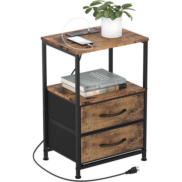 DOMYDEVM 2 Pack Nightstand with Charging Station Bedroom Bedside Table with Power Outlets and USB Po