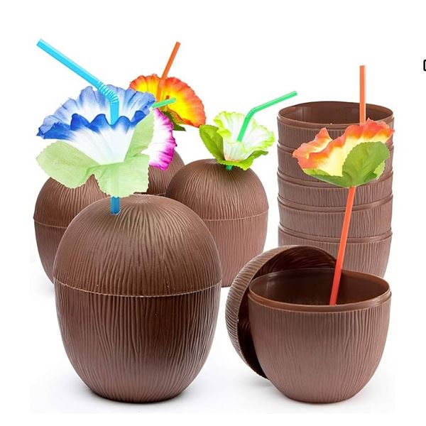 Prextex Coconut Cups With Hibiscus Straws and Twist-Close Lids