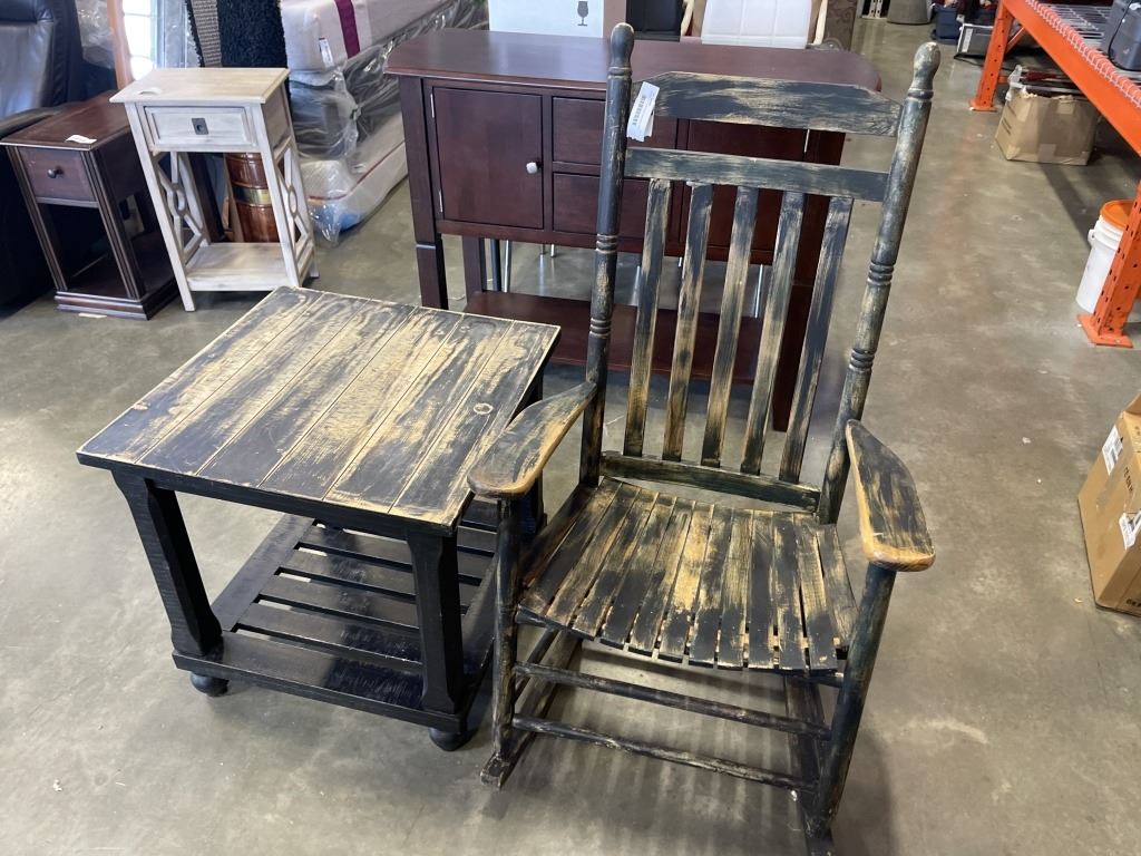 Rustic Rocking Chair Side View RUSTIC ROCKING CHAIR AND SIDE TABLE